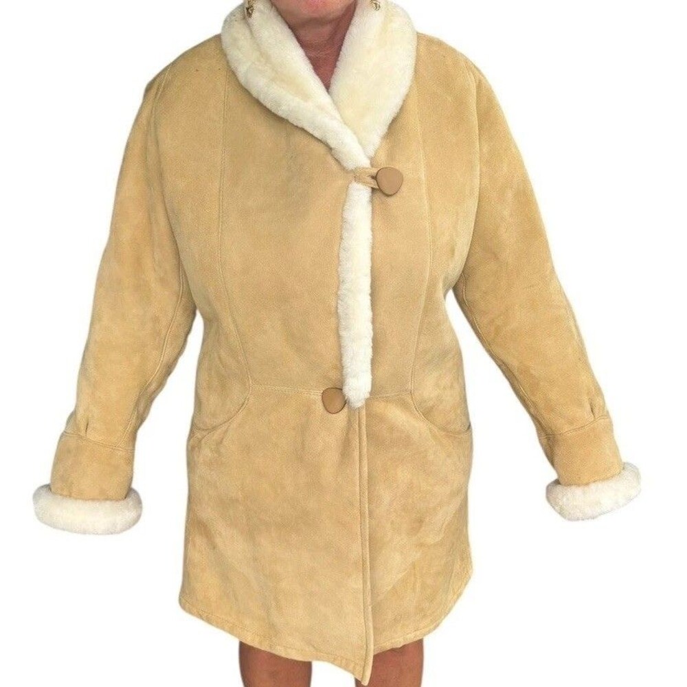 Overland Genuine Shearling Sheepskin Coat Women’s XS Tan Suede Ivory Fur Long
